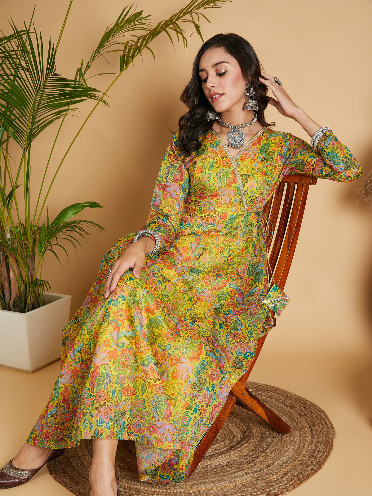 Lemon Yellow Floral Anarkali Maxi Dress-Shae by SASSAFRAS