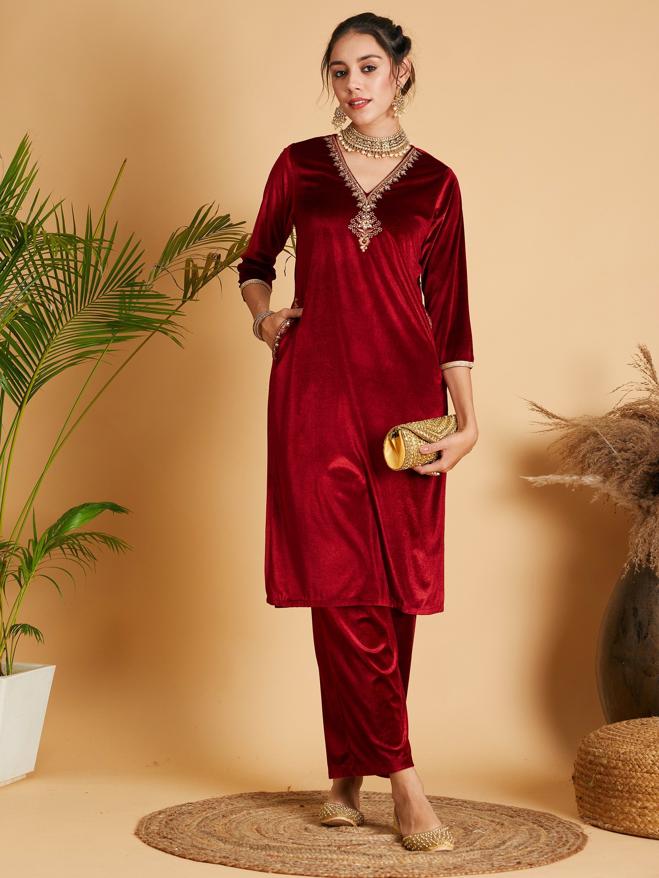 Maroon Velvet Sequined Kurta With Green Parallel Pants And Dupatta