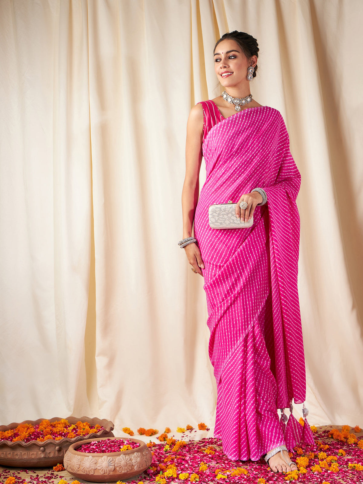 Pink Lehariya Saree With Unstitched Gota Blouse-Shae by SASSAFRAS