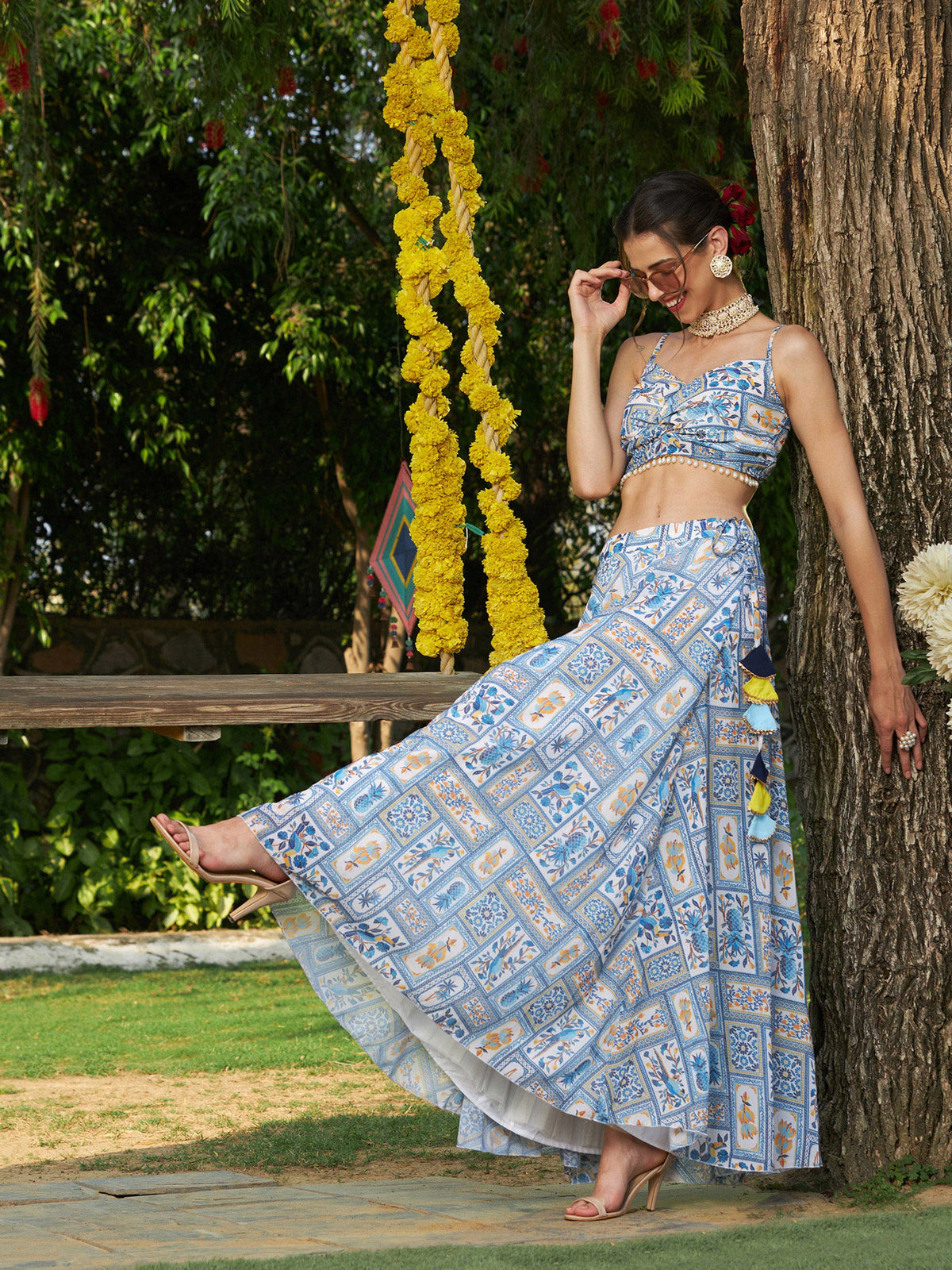 Blue Floral Strappy Crop Top With Bias Flared Skirt-Shae by SASSAFRAS