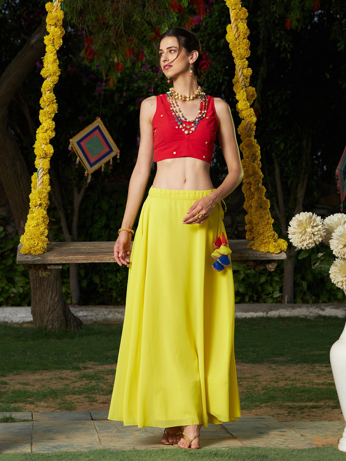 Red Embroidered Crop Top With Yellow Flared Skirt-Shae by SASSAFRAS