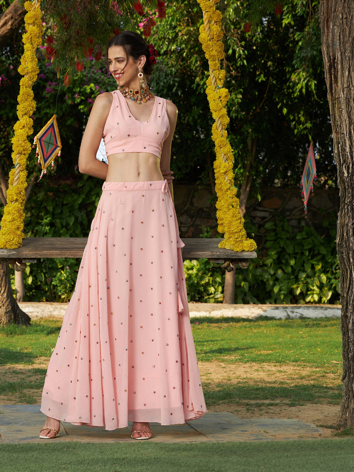 Pink Embroidered Crop Top With Bias Flared Skirt-Shae by SASSAFRAS