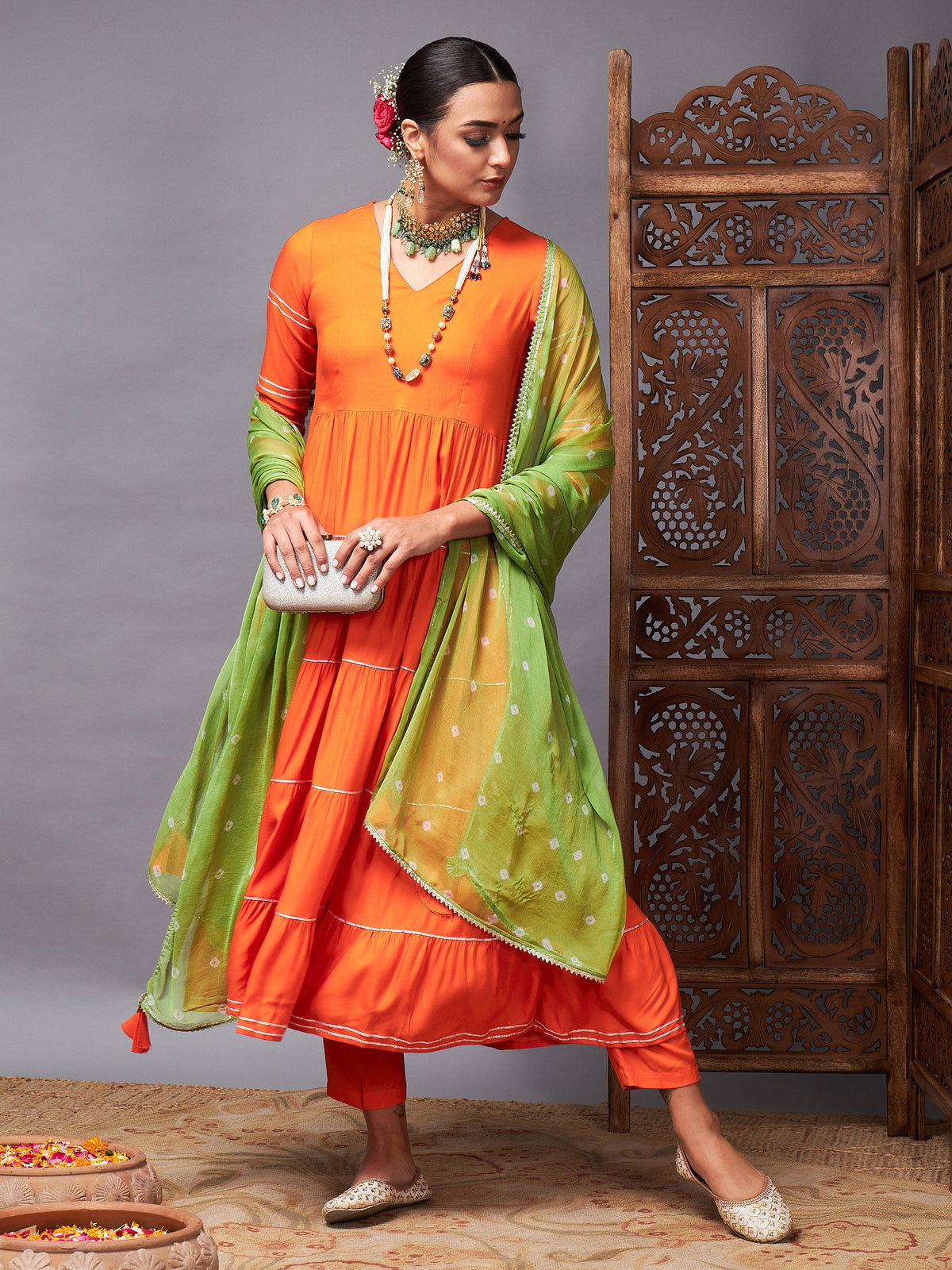Orange Tiered Kurta Set With Green Bandhej Dupatta-Shae by SASSAFRAS