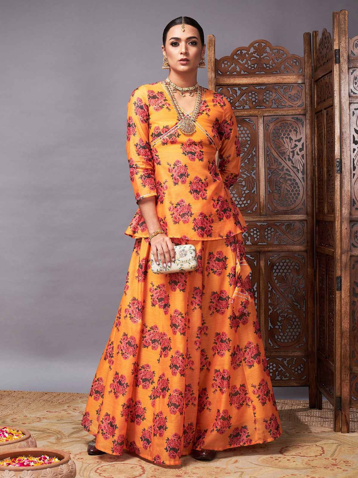 Mustard Floral Peplum Top With Anarkali Skirt-Shae by SASSAFRAS