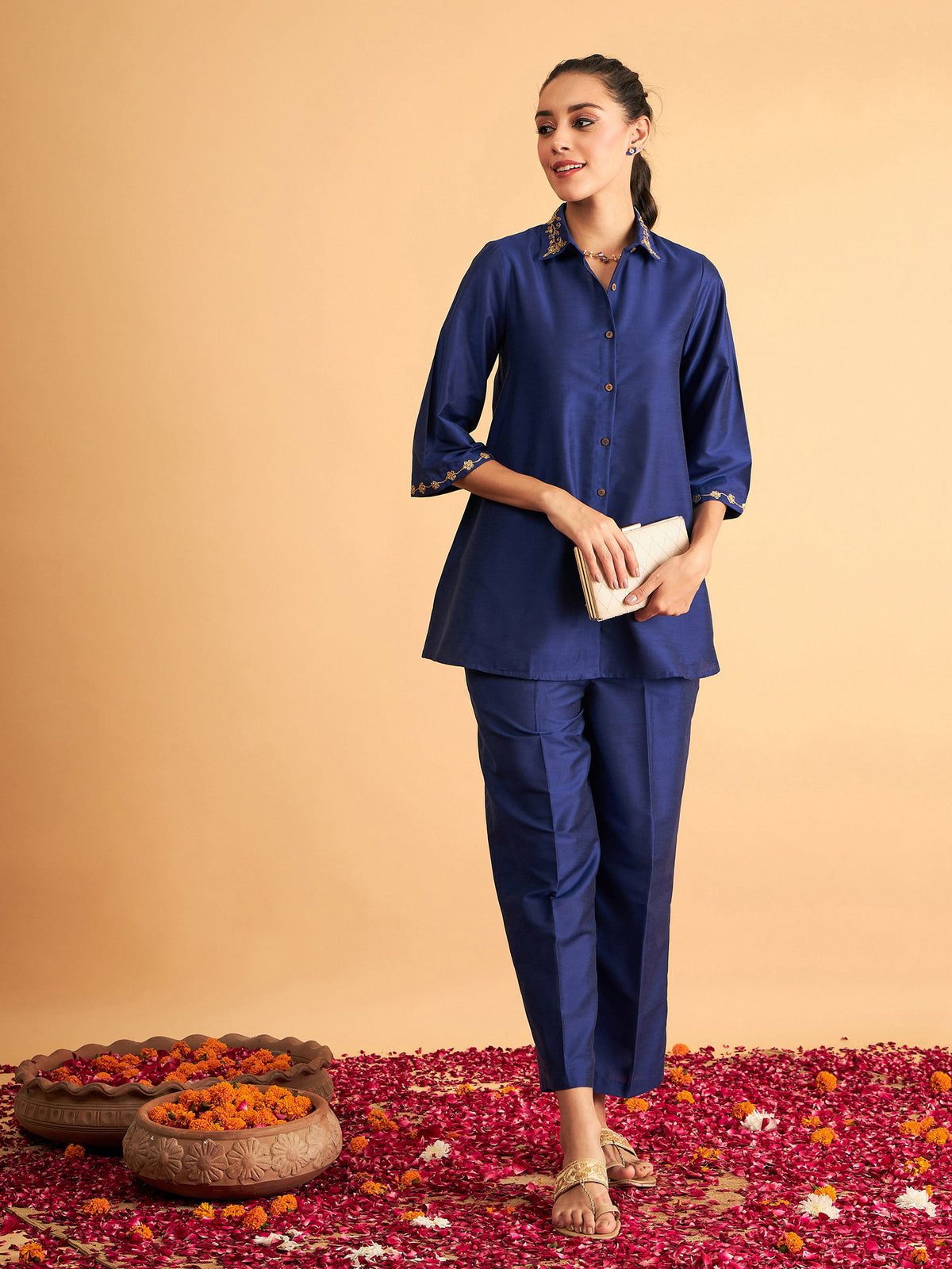 Royal Blue Embroidered Collar Shirt With Pants-Shae by SASSAFRAS