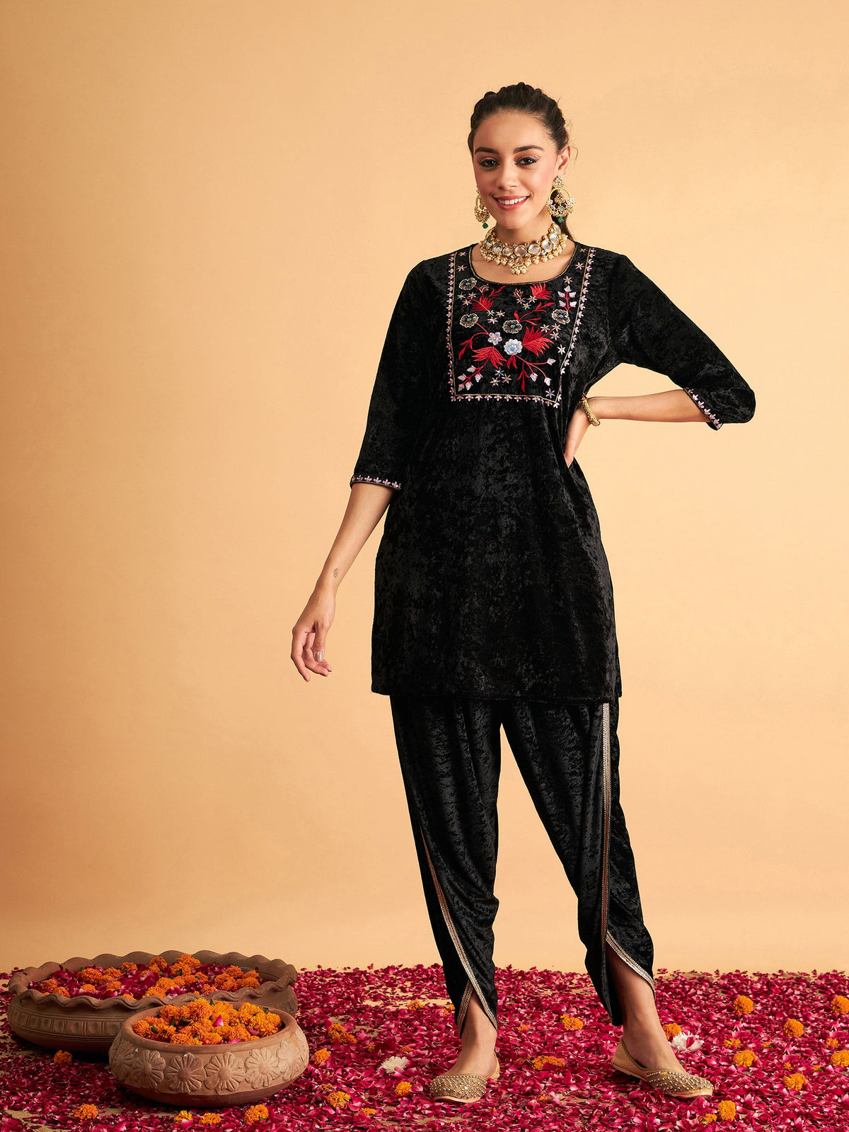 Black Velvet Embroidered Short Kurta With Dhoti Pants-Shae by SASSAFRAS