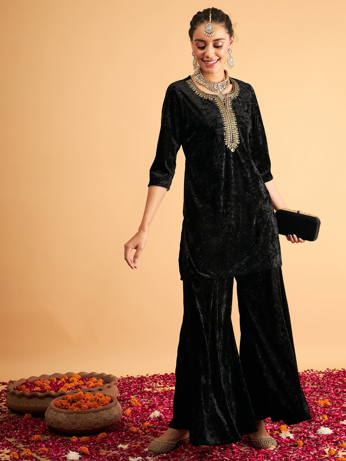 Black Velvet Embroidered Short Kurta With Palazzos-Shae by SASSAFRAS