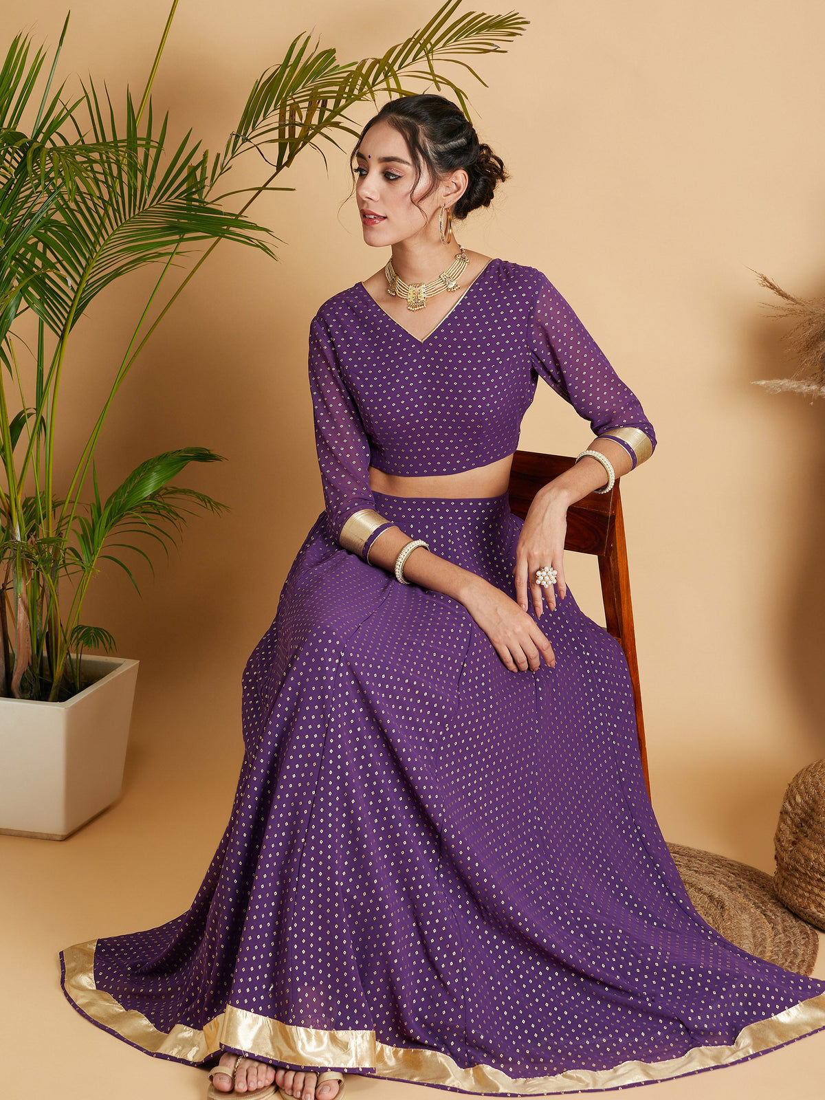 Purple Dot Foil Print Anarkali Skirt With Crop Top-Shae by SASSAFRAS