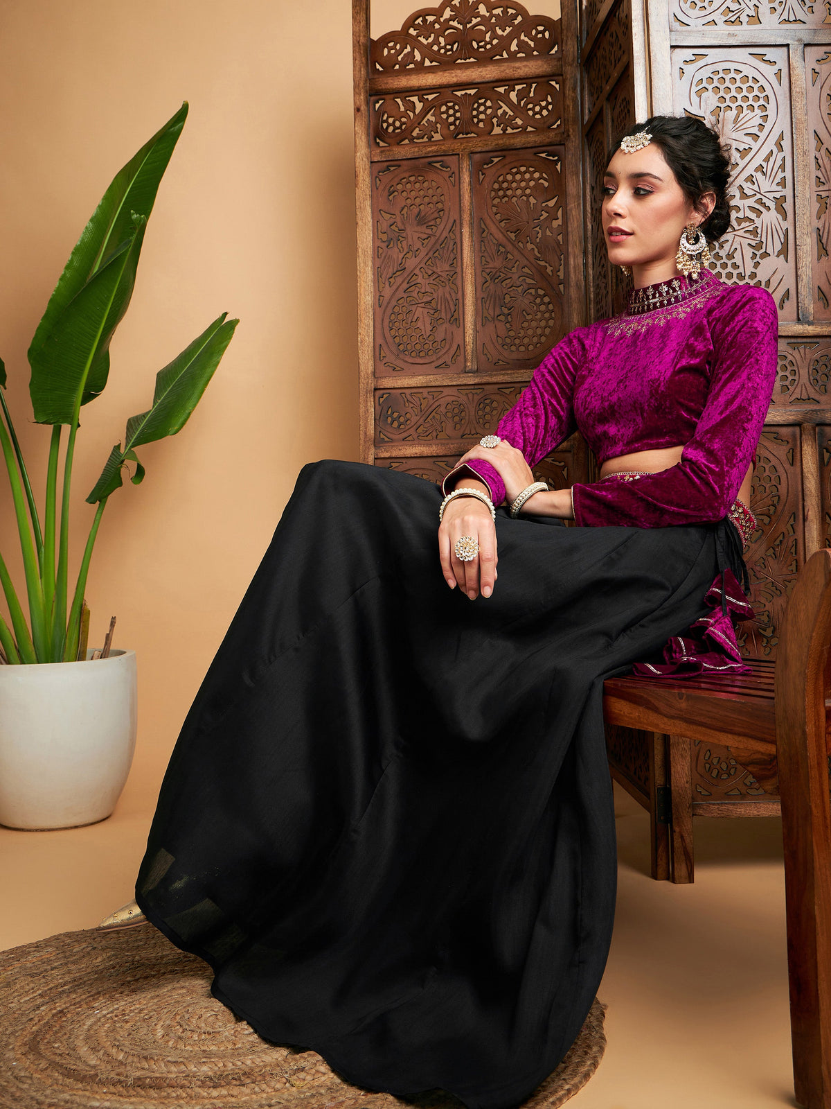 Black Solid Skirt With Fuchsia Velvet Crop Top-Shae by SASSAFRAS