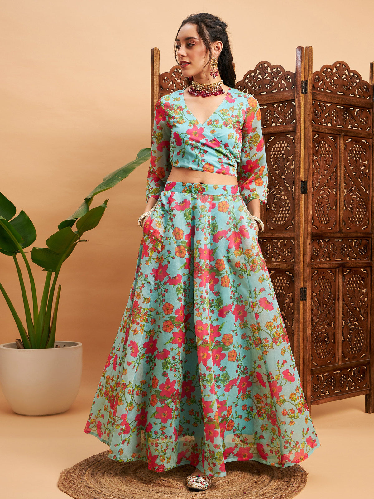 Blue Floral Anarkali Skirt With Wrap Crop Top-Shae by SASSAFRAS
