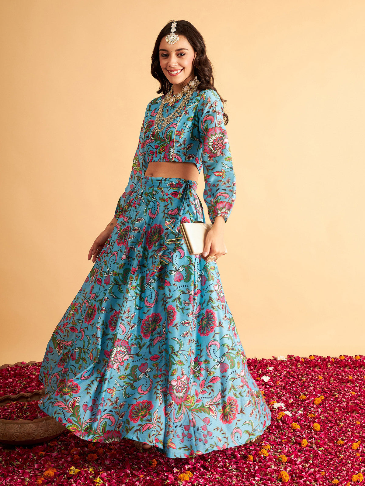 Blue Floral Anarkali Side Tussle Skirt With Crop Top-Shae by SASSAFRAS
