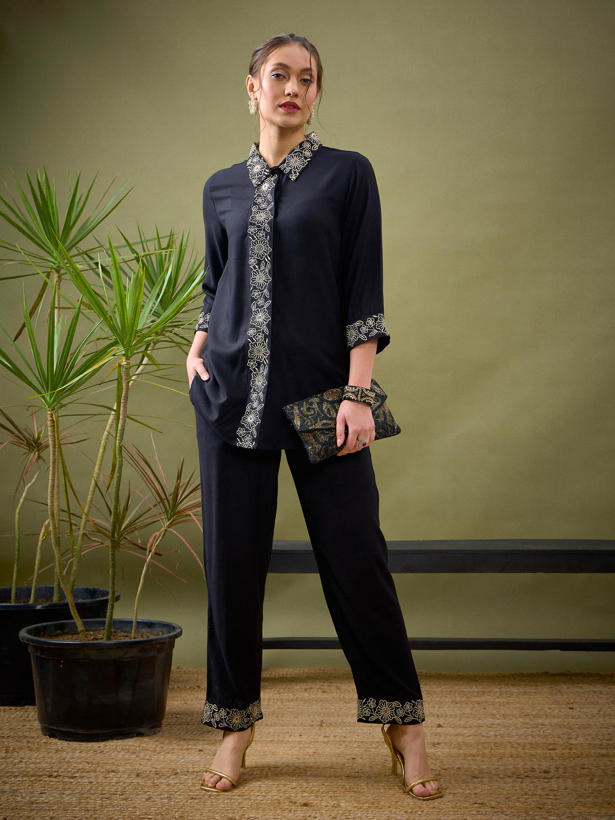 Black Collar And Placket Embroidered Shirt With Palazzos-Shae by SASSAFRAS