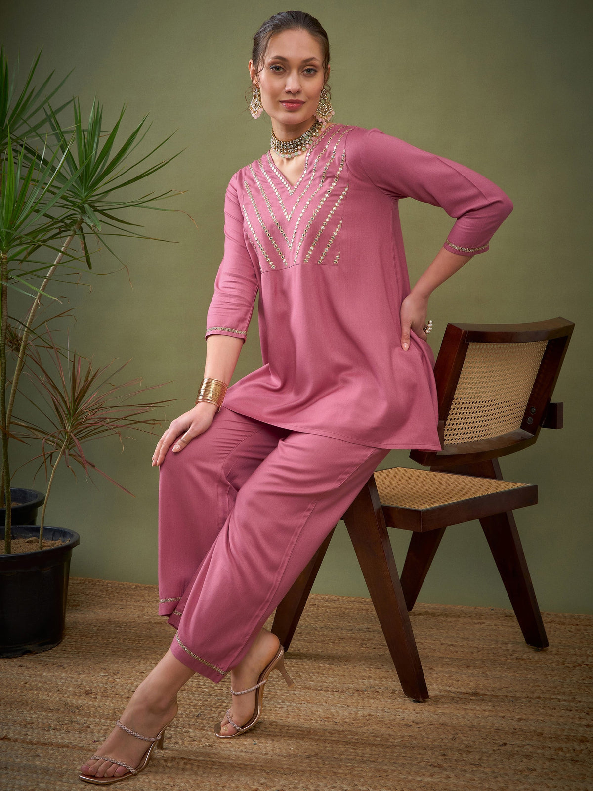 Pink Embroidered A Line Top With Palazzos-Shae by SASSAFRAS