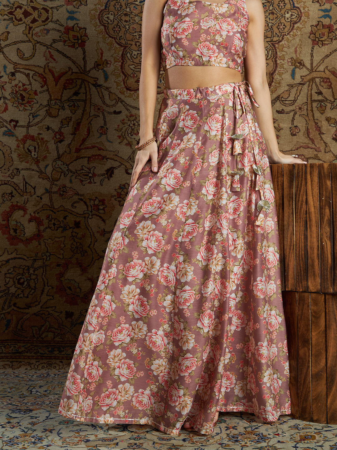 Mauve Chanderi Floral Anarkali Skirt-Shae by SASSAFRAS