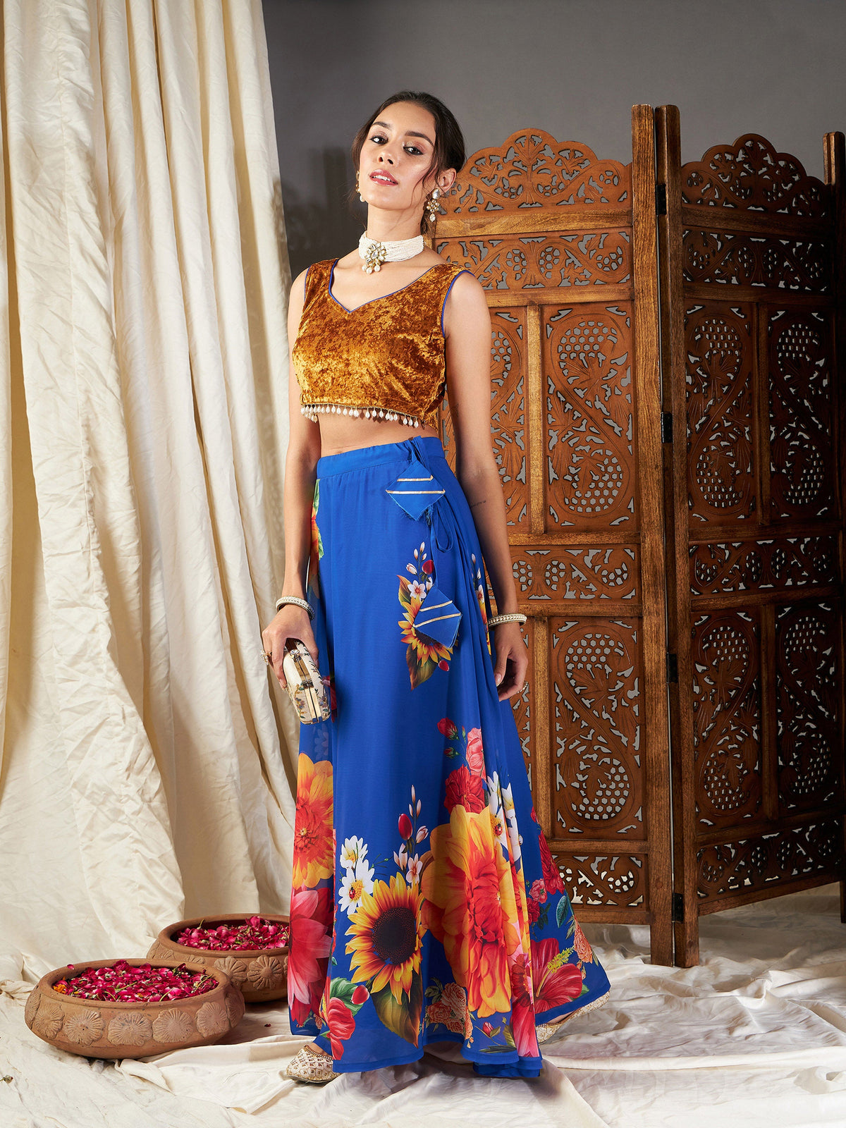 Blue Floral Bias Flared Skirt-Shae by SASSAFRAS