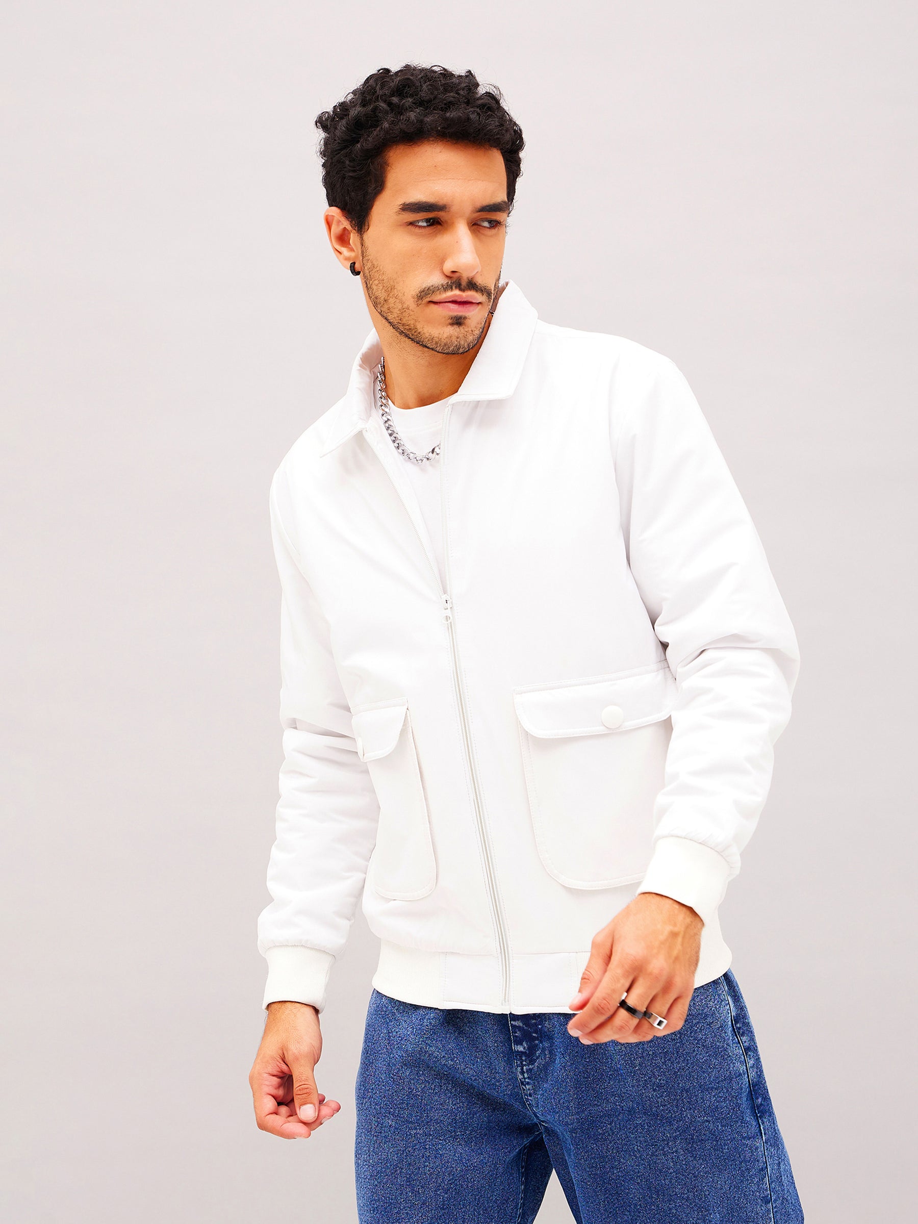 Men White Full Sleeve Front Pocket Jacket