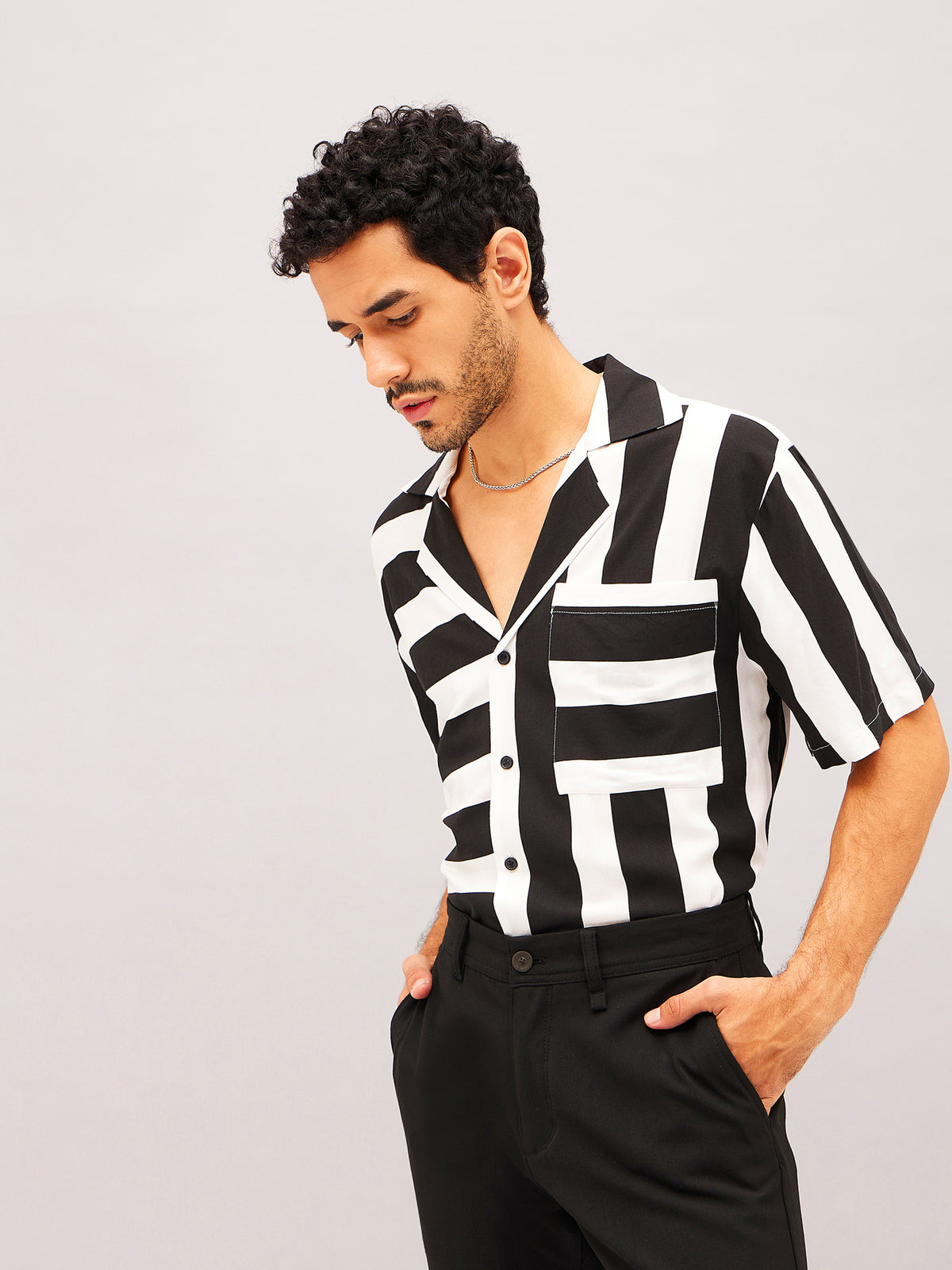 Men Black & White Stripes Short Sleeve Relax Shirt
