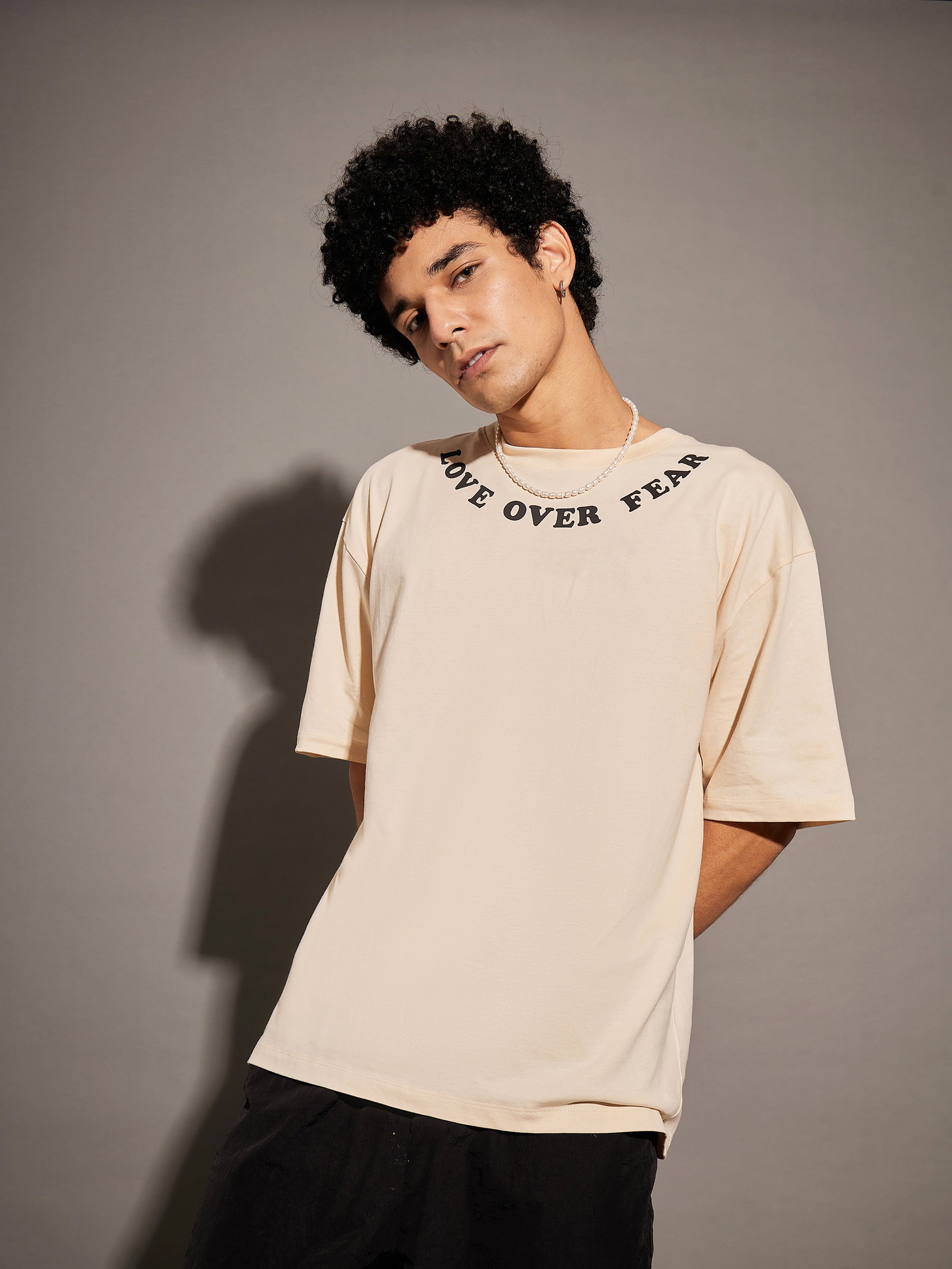 Unisex Beige LOVE OVER FEAR Oversized T-Shirt