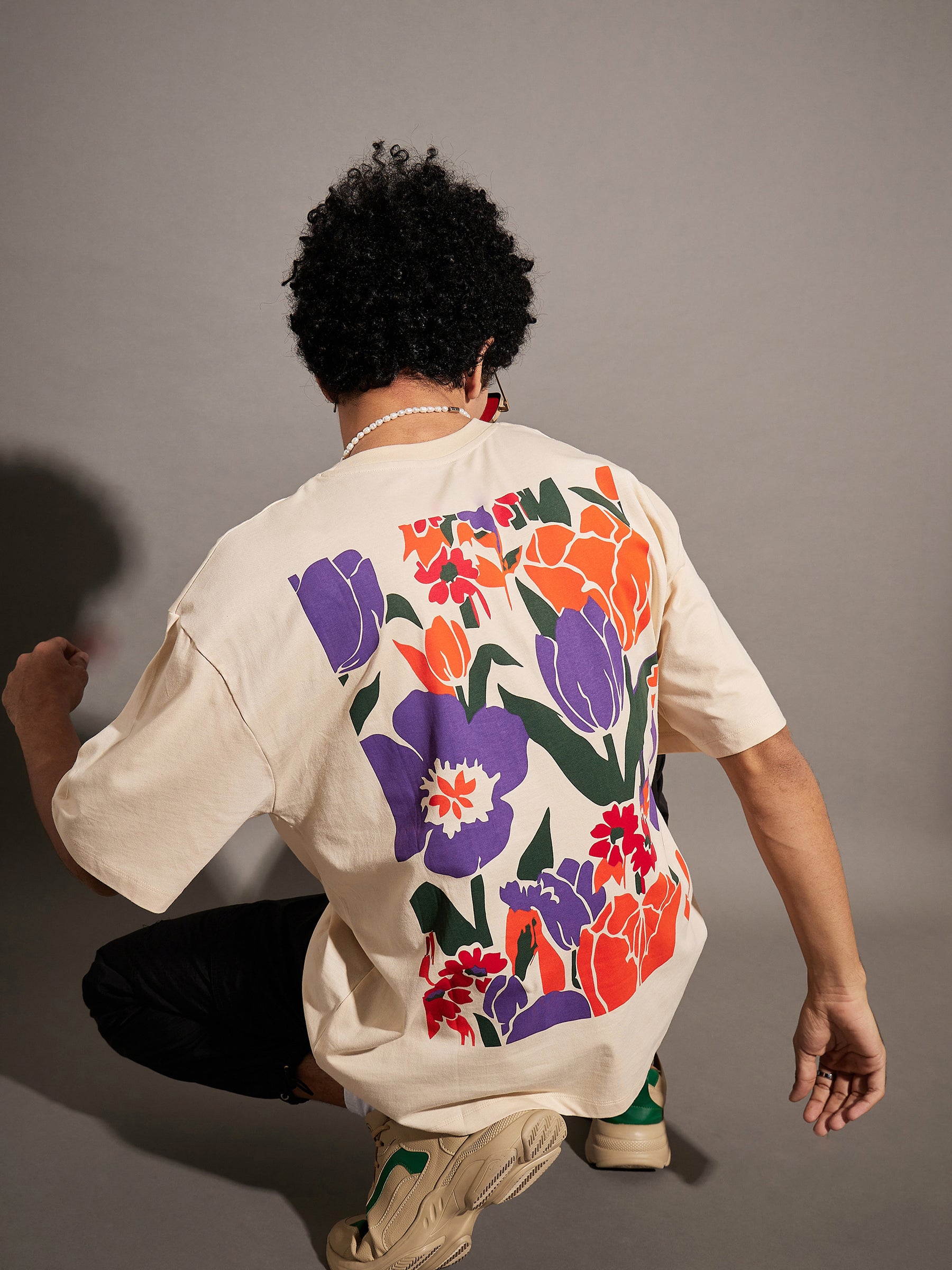 Unisex Beige Floral Back Print Oversized T-Shirt