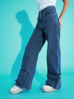Blue Acid Wash Hem Pocket Straight Jeans -Noh.Voh