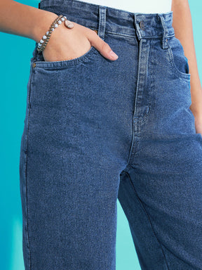Blue Acid Wash Hem Pocket Straight Jeans -Noh.Voh