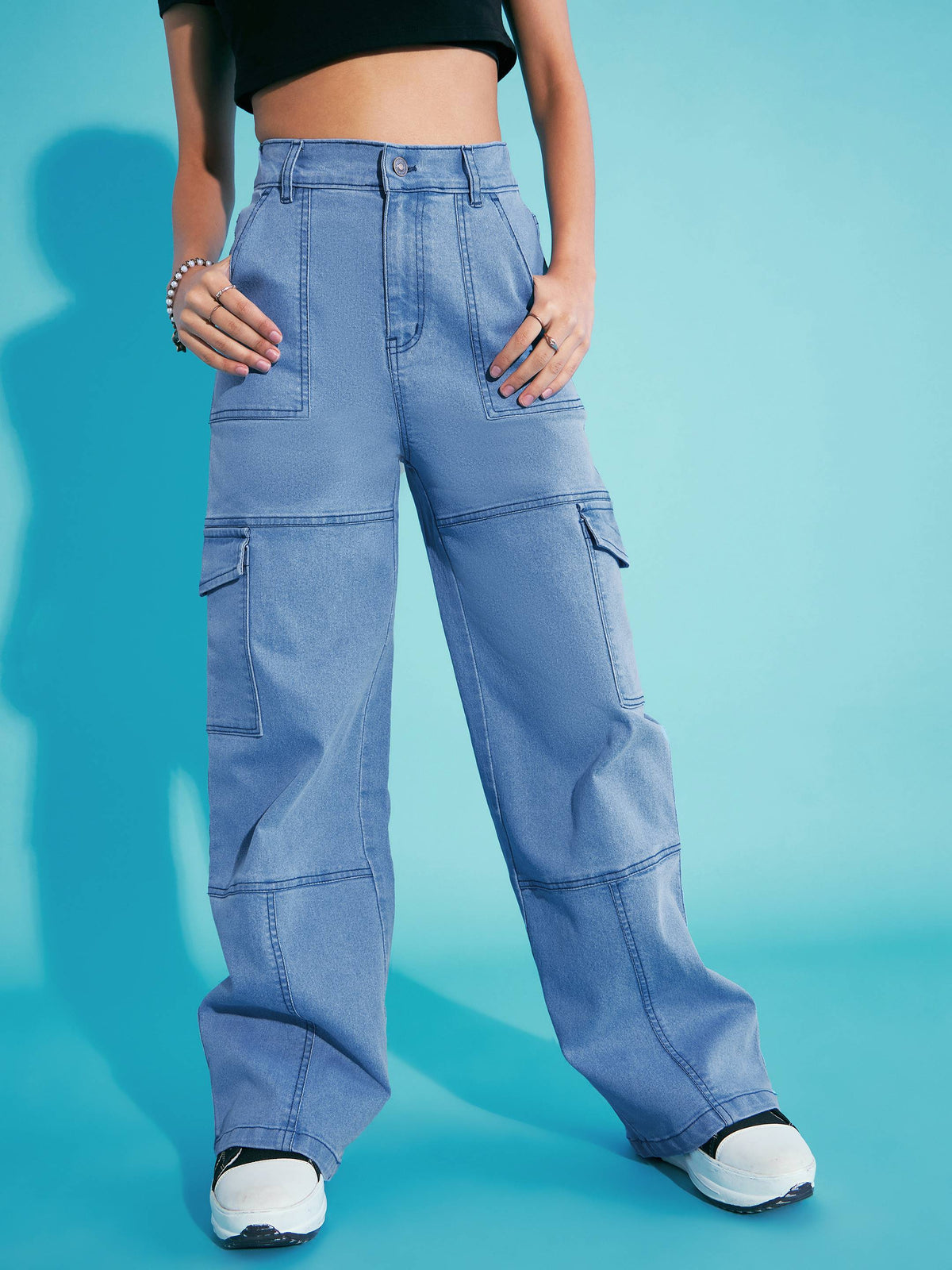 Ice Blue Acid Wash Front Seam Straight Jeans-Noh.Voh