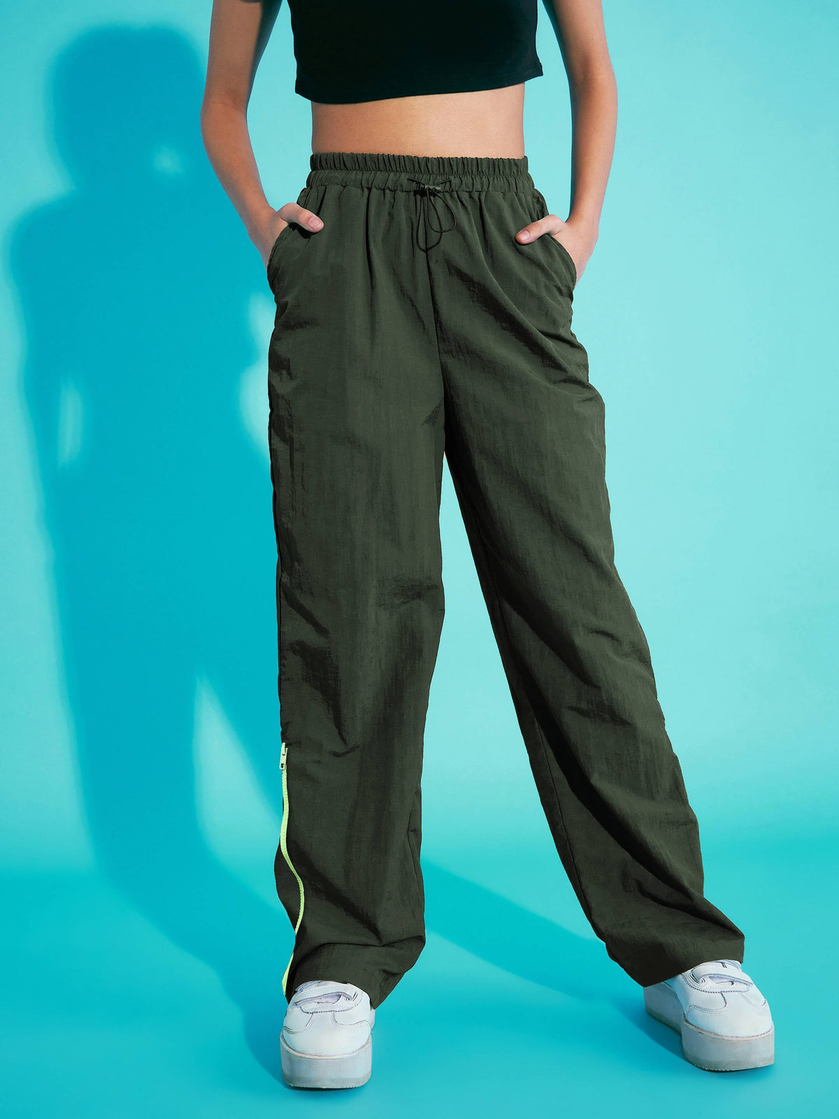 Green Out Seam Neon Zipper Cargo Parachute Pants-Noh.Voh