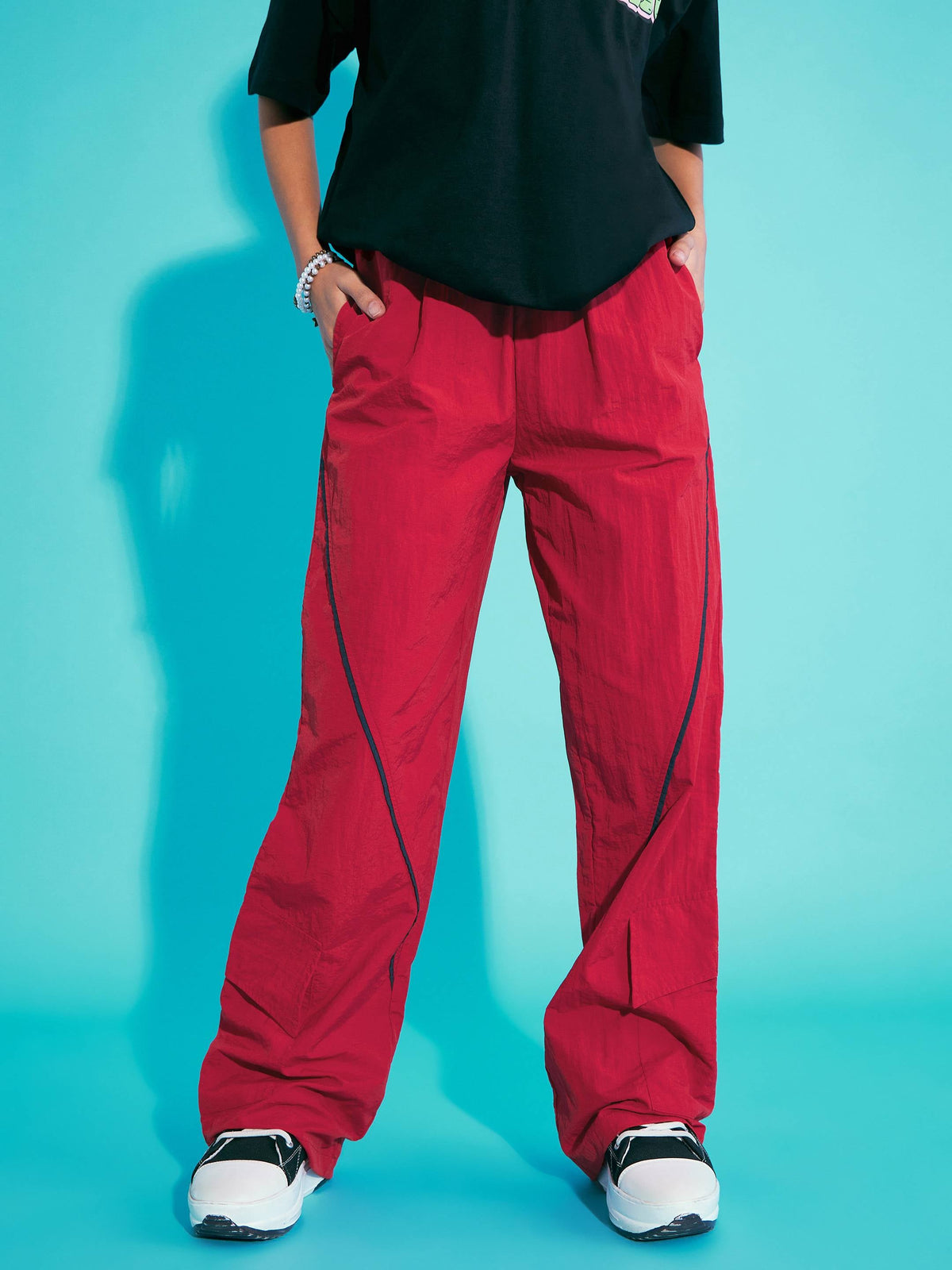 Red Contrast Piping Cargo Parachute Pants-Noh.Voh