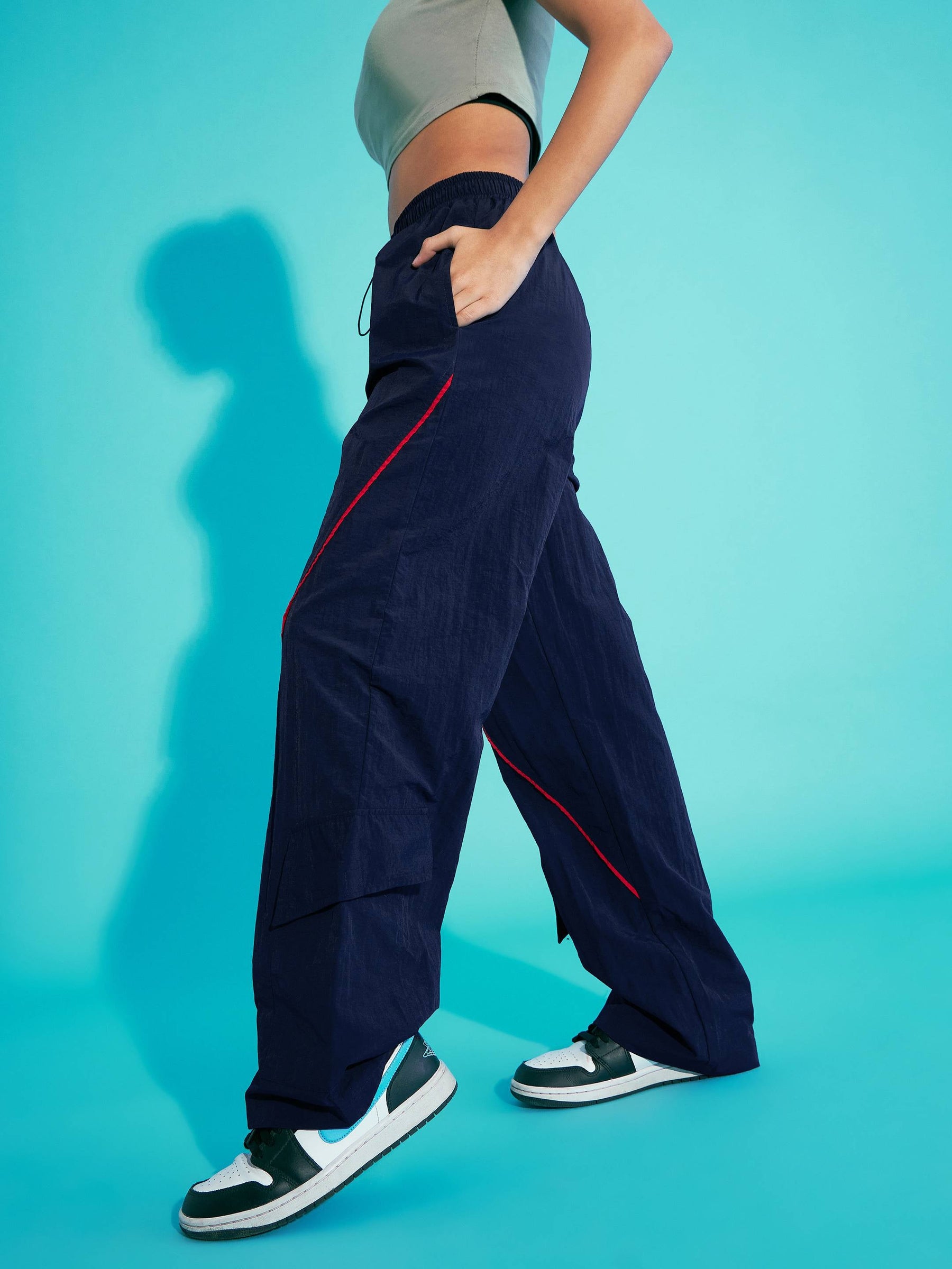 Navy Blue Contrast Piping Cargo Parachute Pants-Noh.Voh
