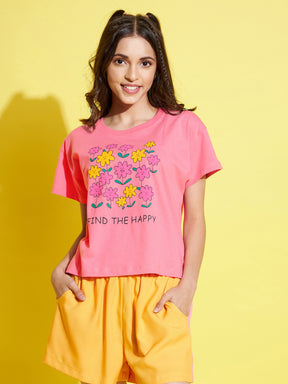 Girls Pink Find The Happy Crop T-Shirt