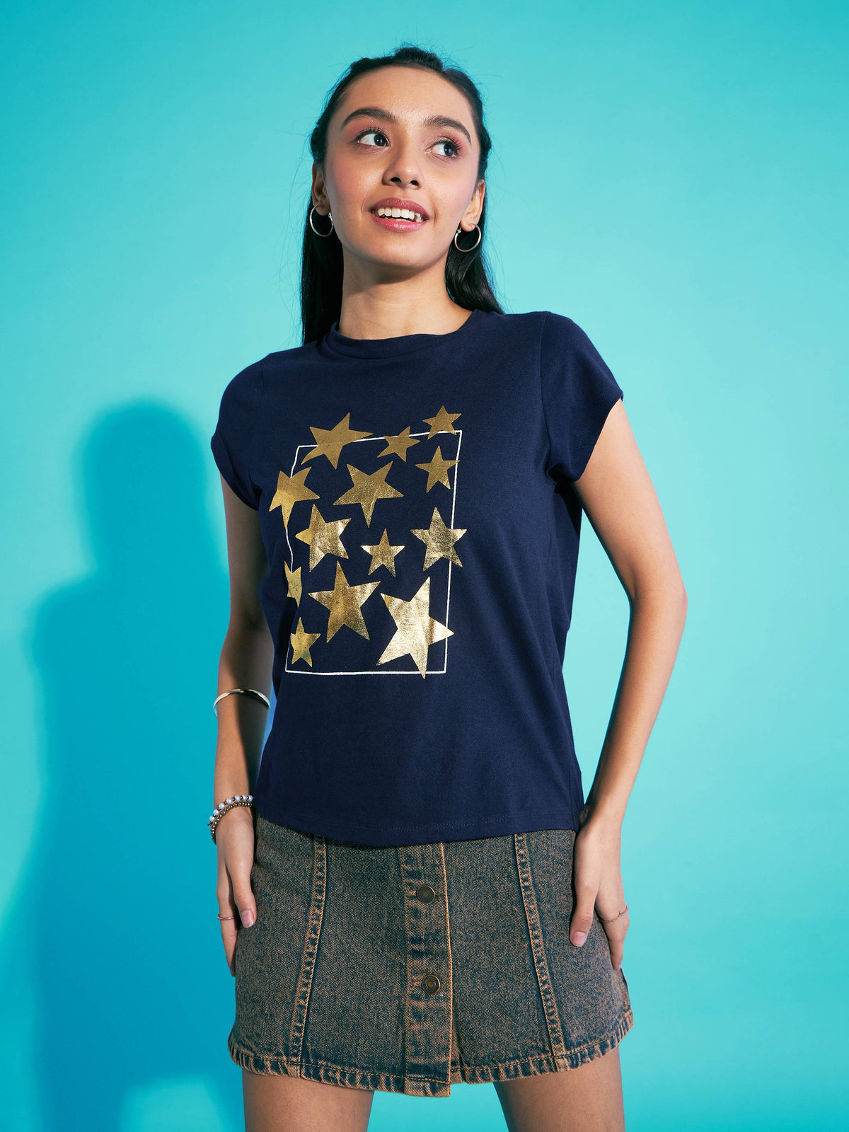 Navy Stars Print T-Shirt With Mini Skirt-Noh.Voh