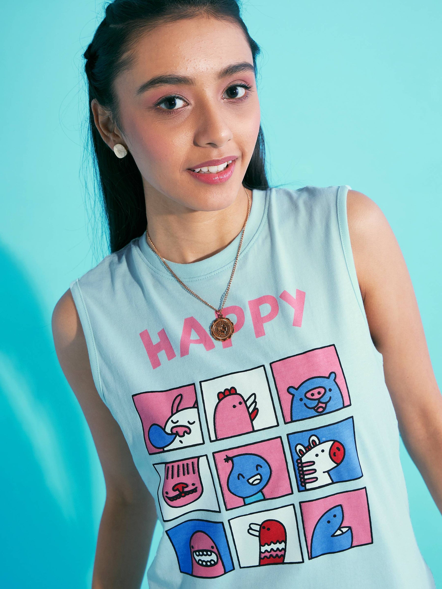 Blue Happy Print Sleeveless T-Shirt With Pink Skorts-Noh.Voh