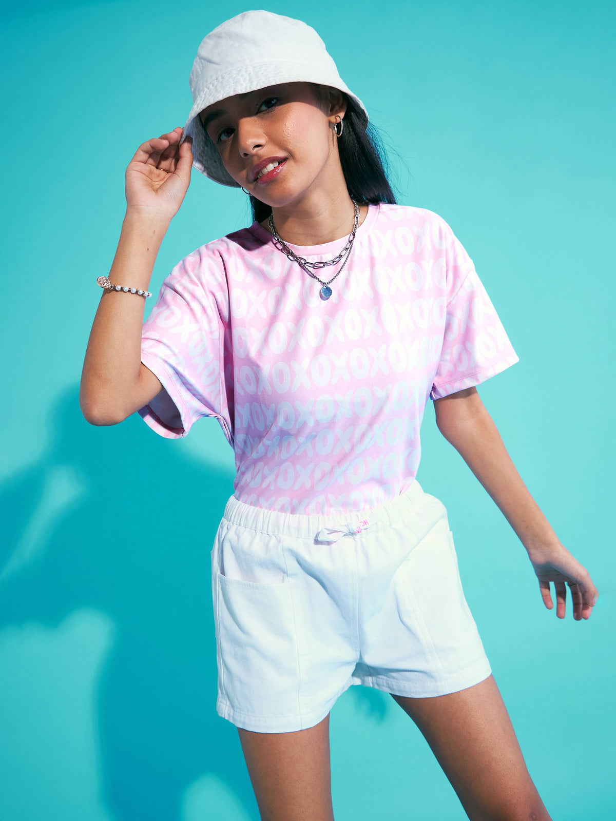 Pink XOXO Print Knit Drop Shoulder Top With Shorts-Noh.Voh