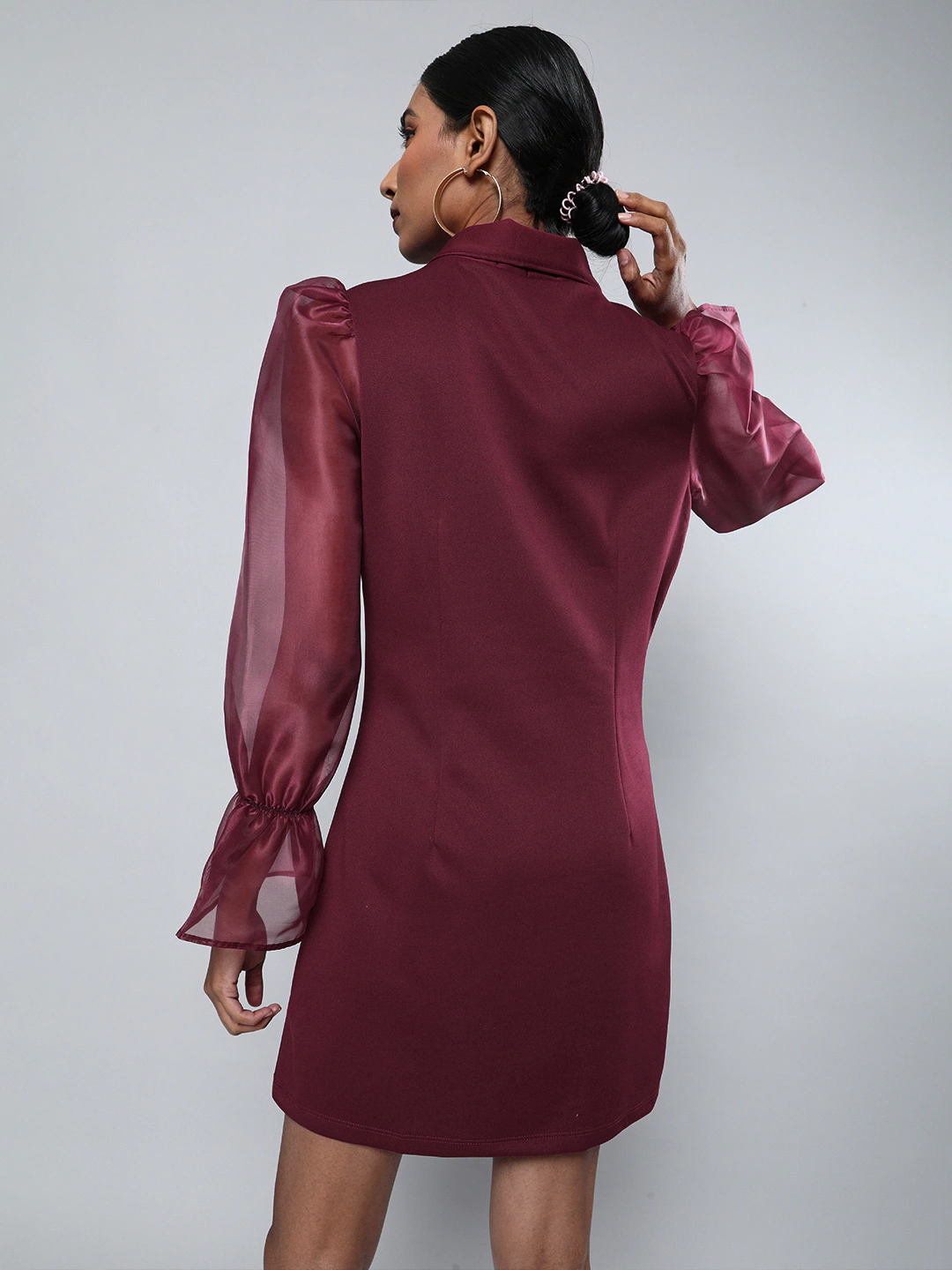Burgundy Organza-Sleeves Blazer Mini Dress