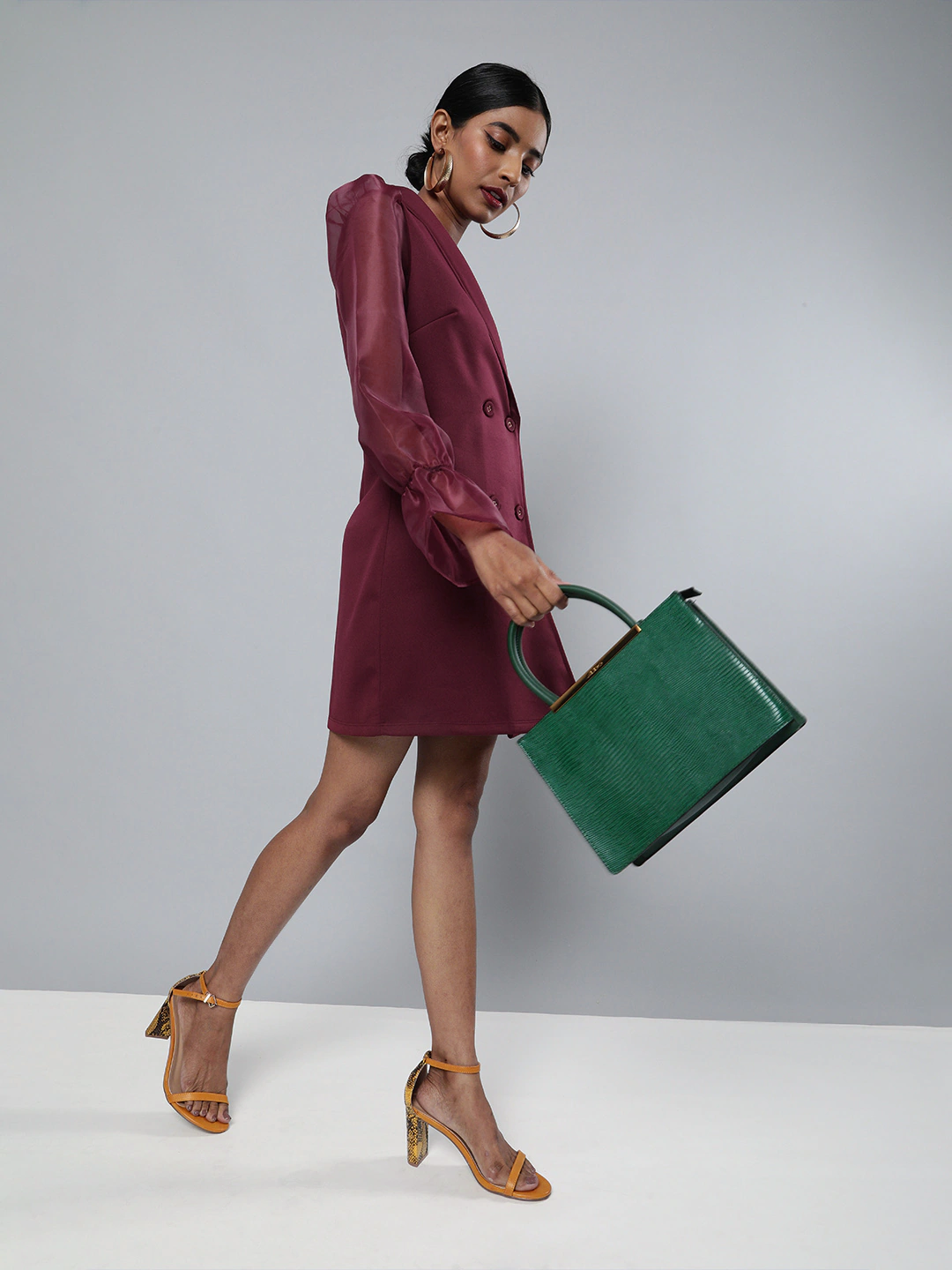 Burgundy Organza-Sleeves Blazer Mini Dress