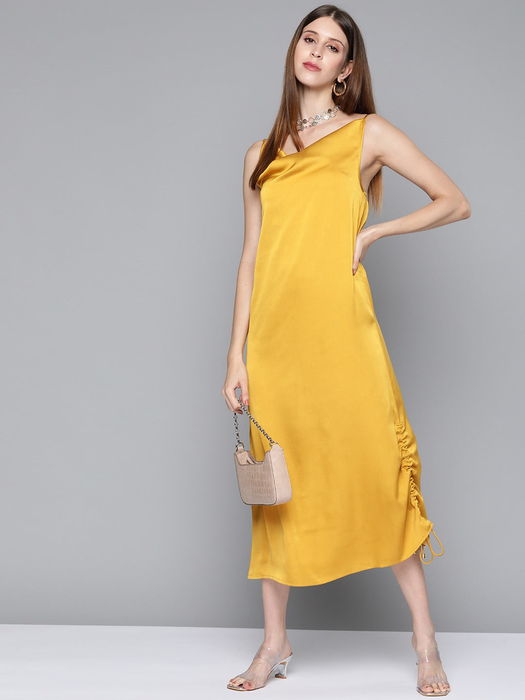 Mustard Satin Side Rouching Slip Dress