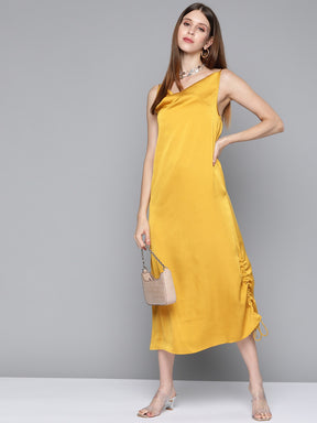 Mustard Satin Side Rouching Slip Dress