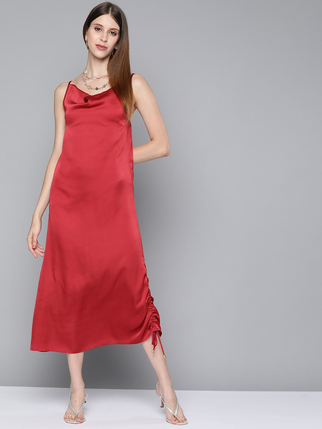Maroon Satin Side Rouching Slip Dress