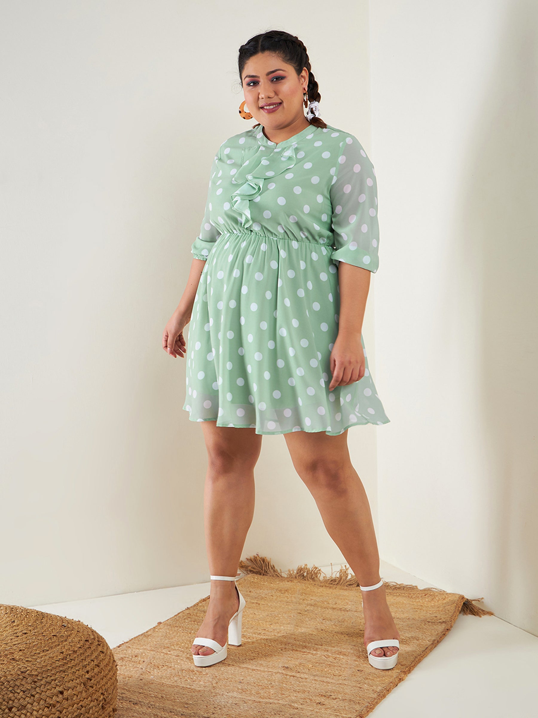 Women Sea Green Polka Dot Fit & Flare Ruffle Dress