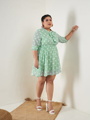 Women Sea Green Polka Dot Fit & Flare Ruffle Dress