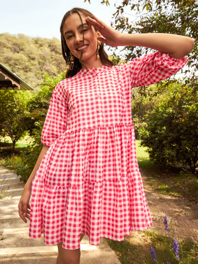Women Pink Check Tiered Mini Dress