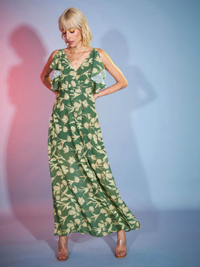 Women Olive Floral Frill Sleeve Maxi Dress