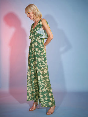 Women Olive Floral Frill Sleeve Maxi Dress