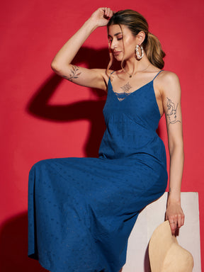 Women Royal Blue Schiffli Strappy Maxi Dress