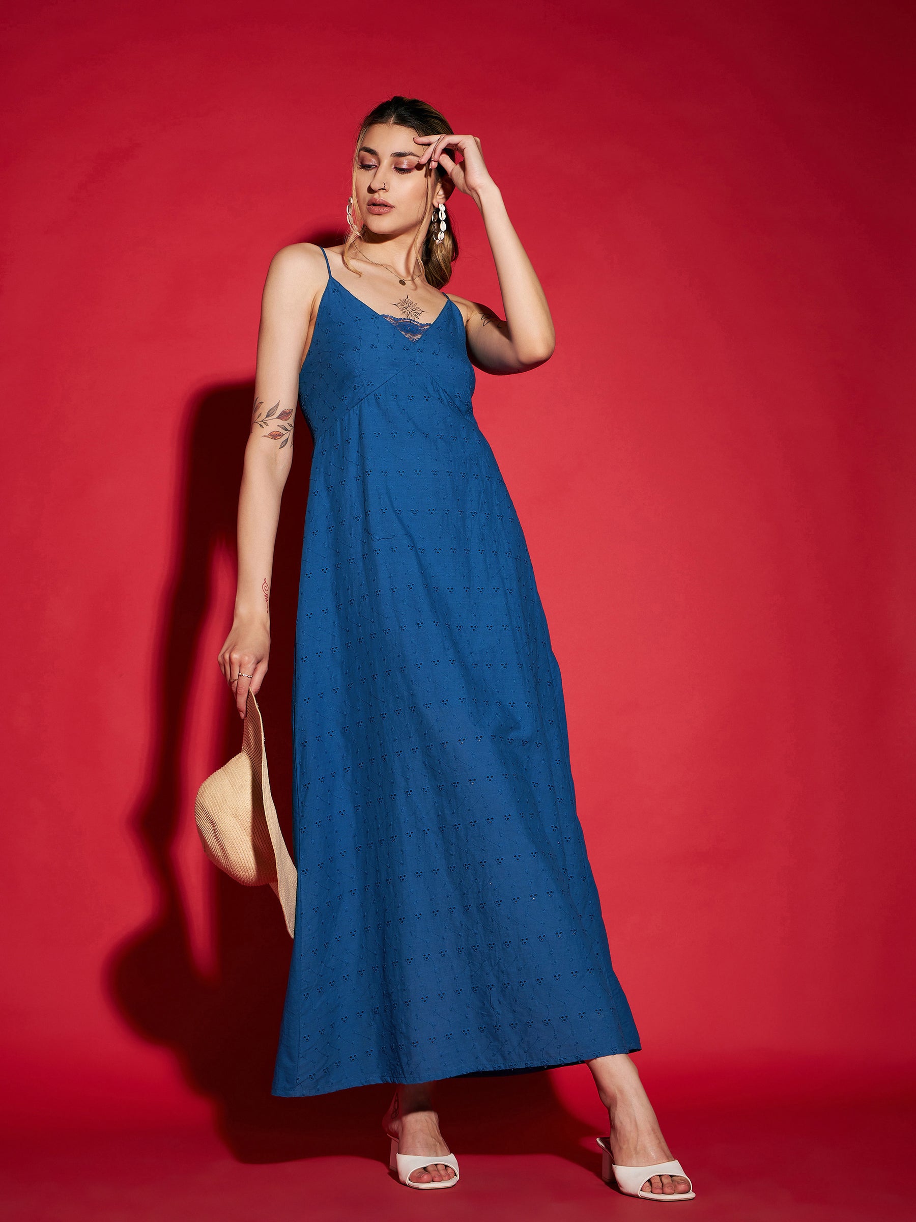 Women Royal Blue Schiffli Strappy Maxi Dress