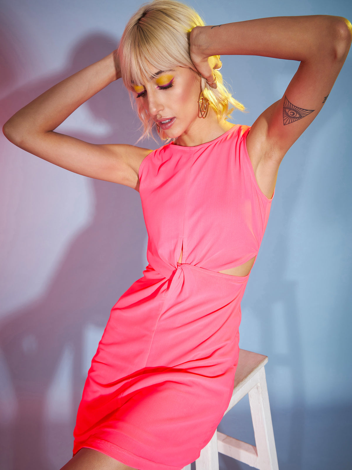 Women Pink Tulle Front Twisted Dress