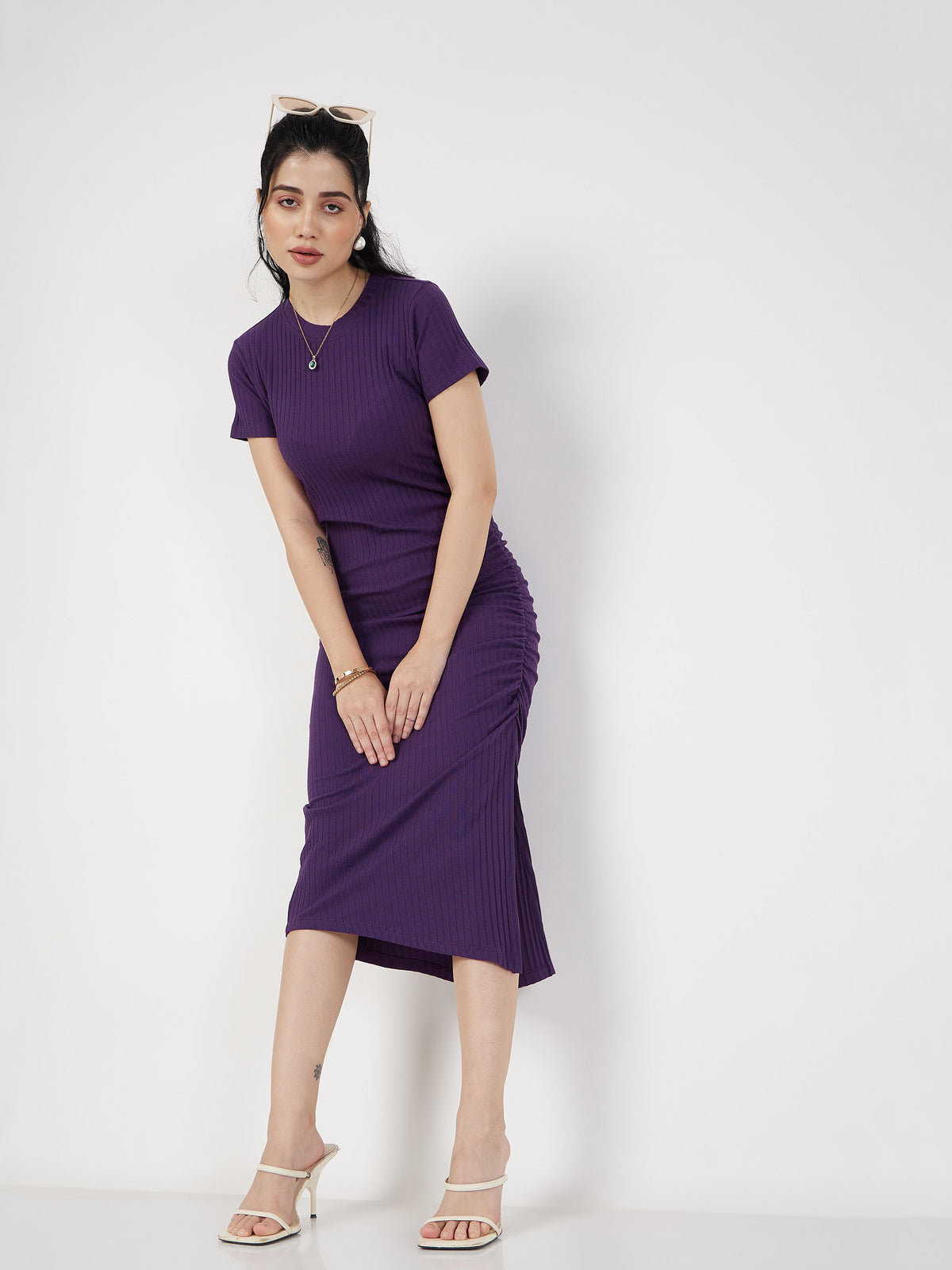 Women Purple Rib Side Ruched Bodycon Maxi Dress