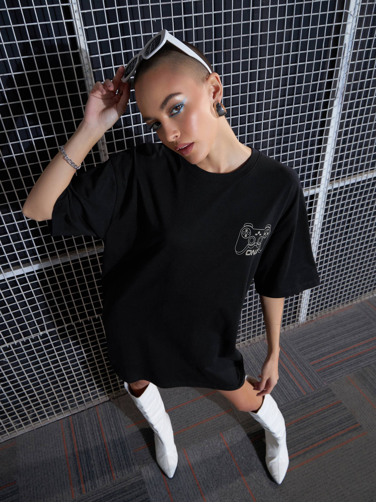 Black GAME ON Printed Oversized T-Shirt Dress-SASSAFRAS