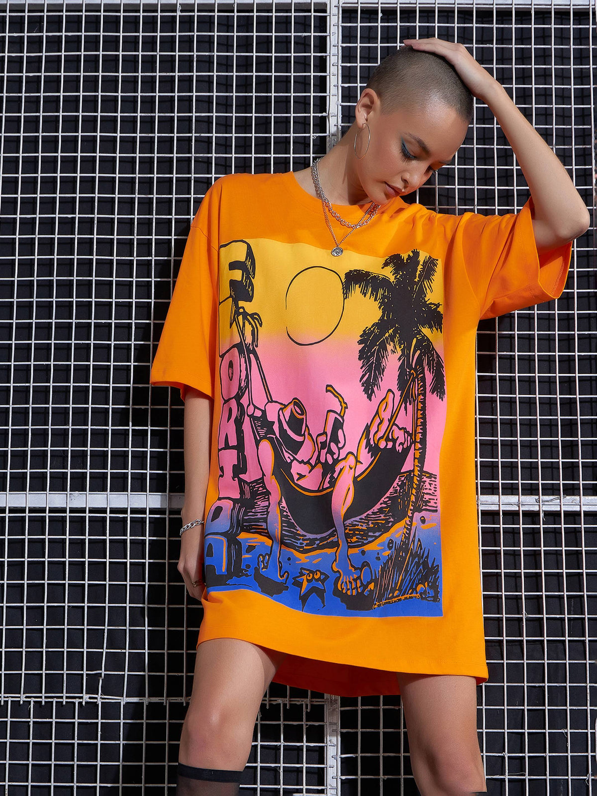 Orange FLORIDA Printed Oversized T-Shirt Dress-SASSAFRAS