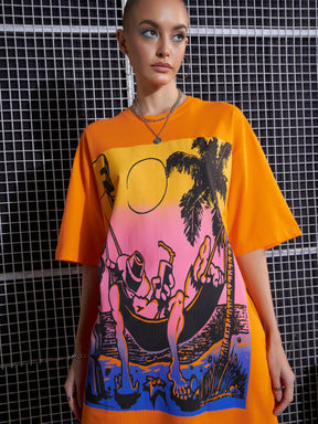 Orange FLORIDA Printed Oversized T-Shirt Dress-SASSAFRAS